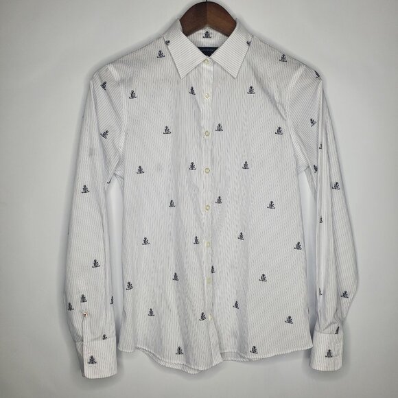 Lands End Womens Striped LE Mongramed Anchor Button Down Top Size 2 Nautical - Picture 1 of 8